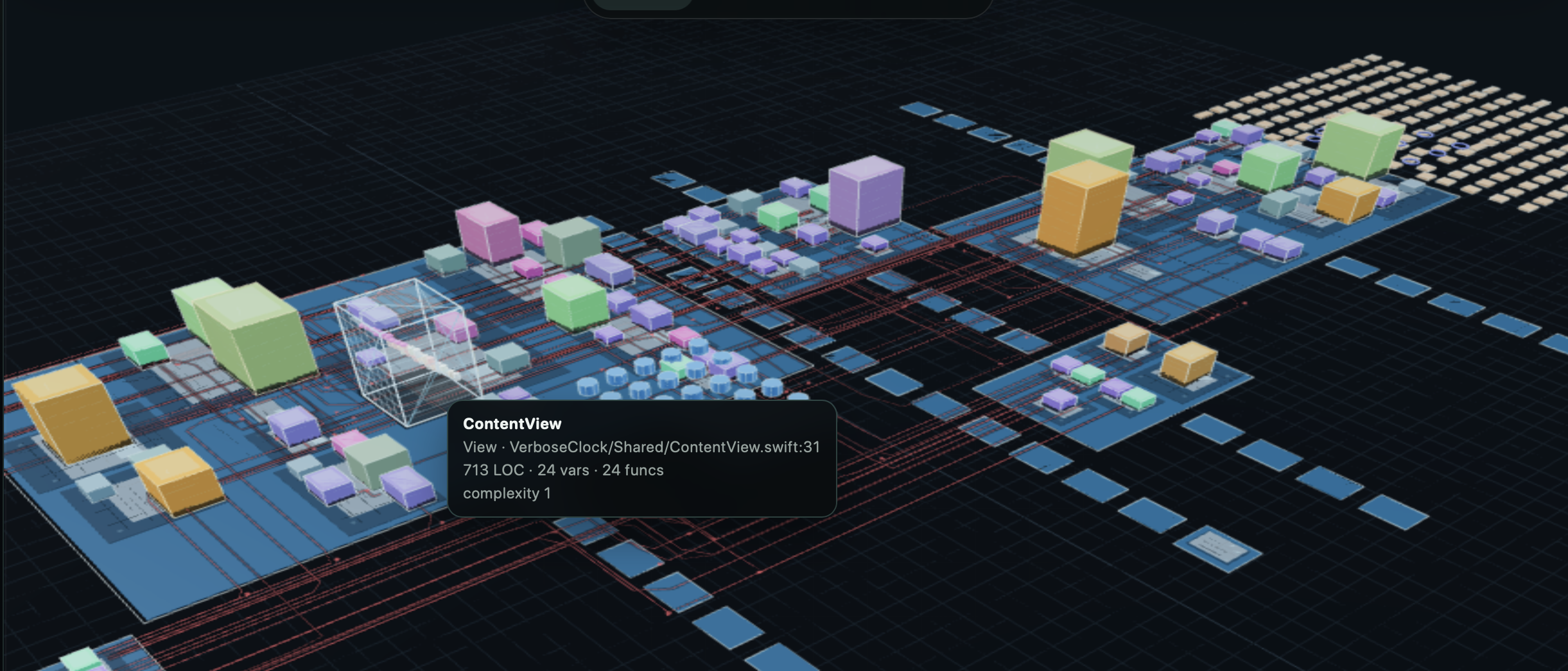 Code Universe 3D architecture city showing nested project structures, colorful source objects, and relationship streets