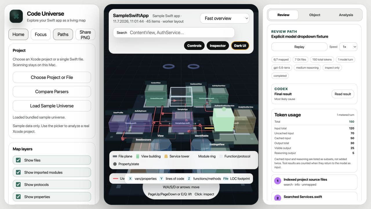 Code Universe displaying a project city with the light interface and tabbed review inspector